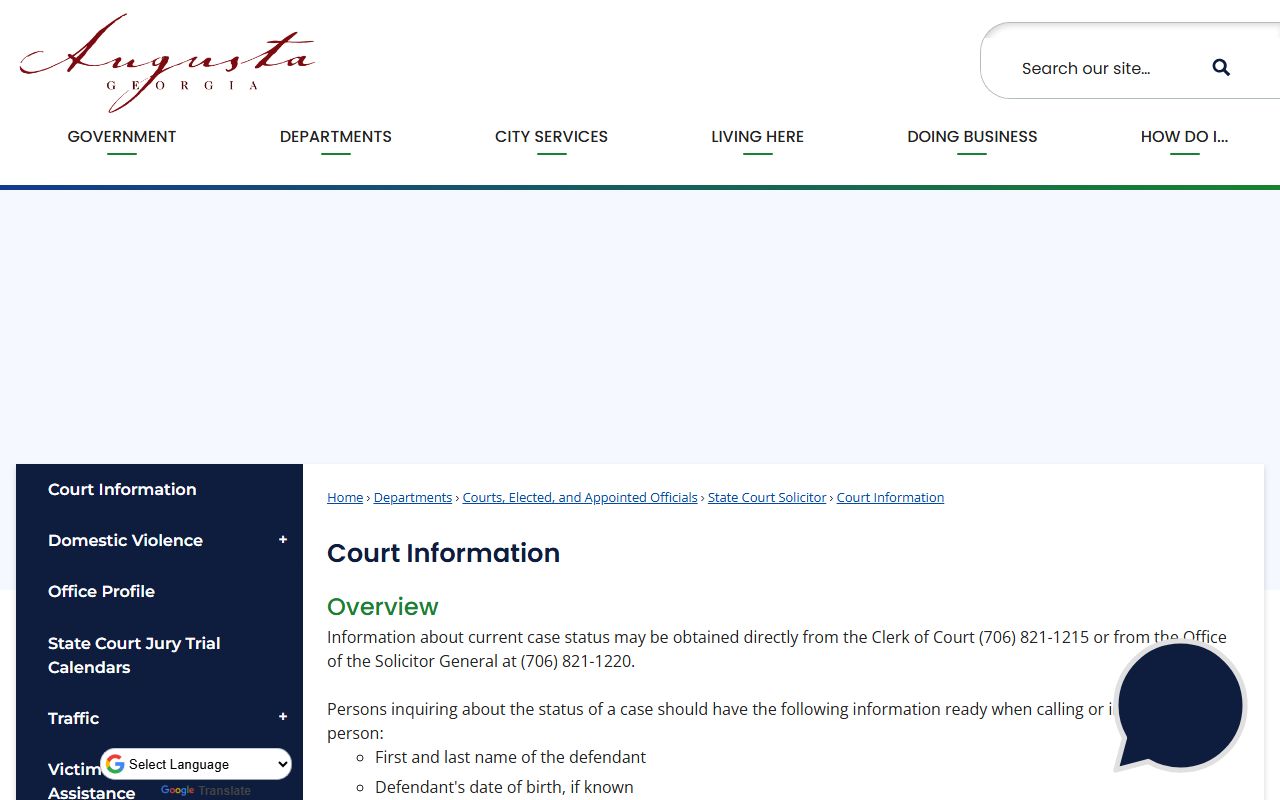 Richmond County court dockets Solicitor court information page