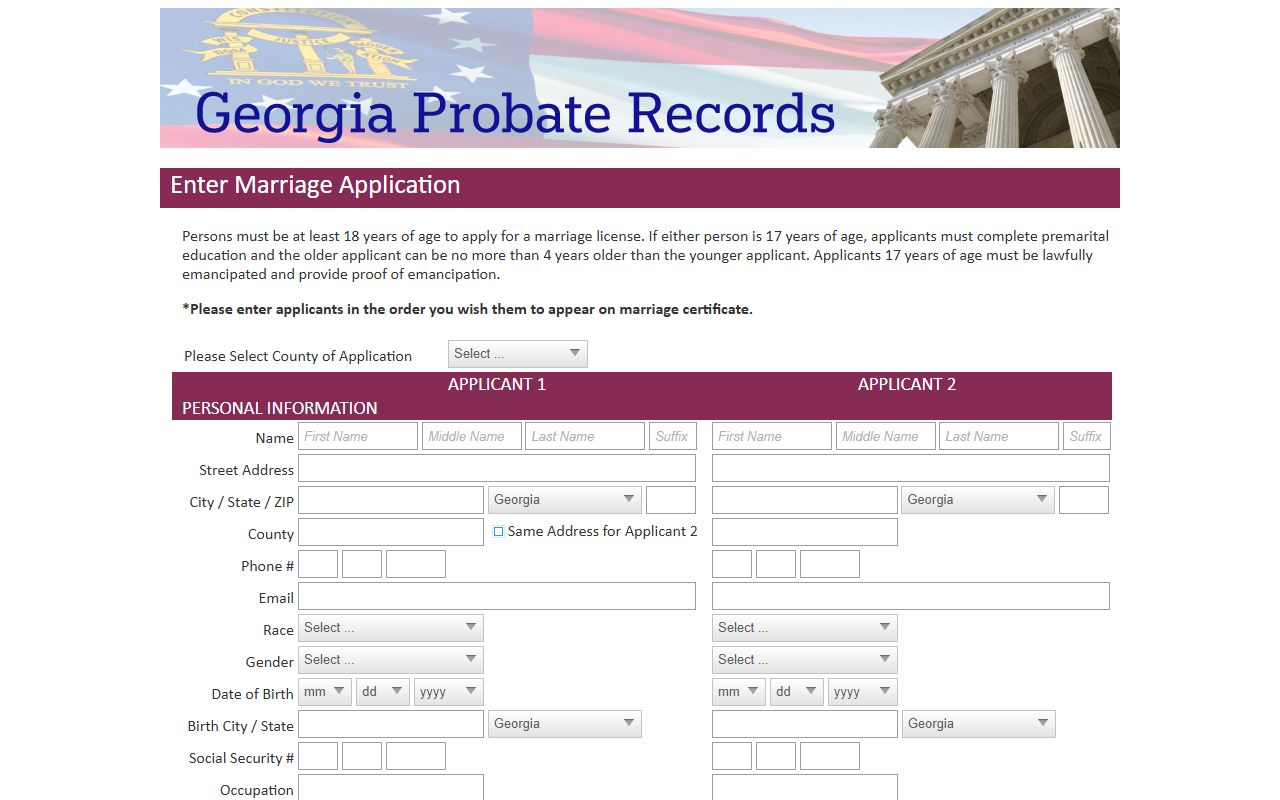 Richmond County marriage records Georgia Probate Records marriage application